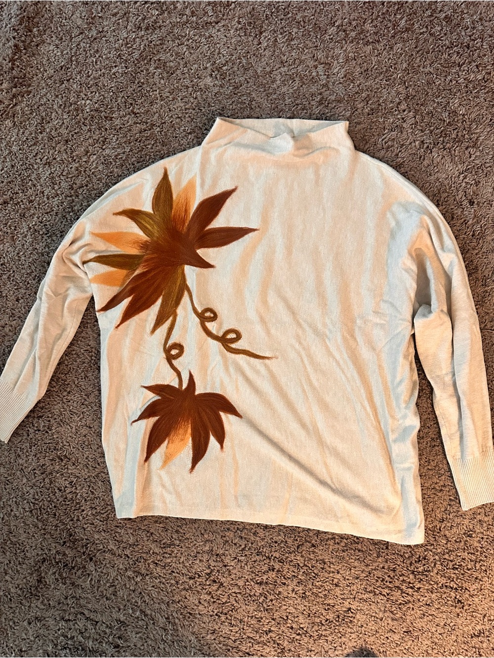 Beige Sweater with Brown Leaf Design